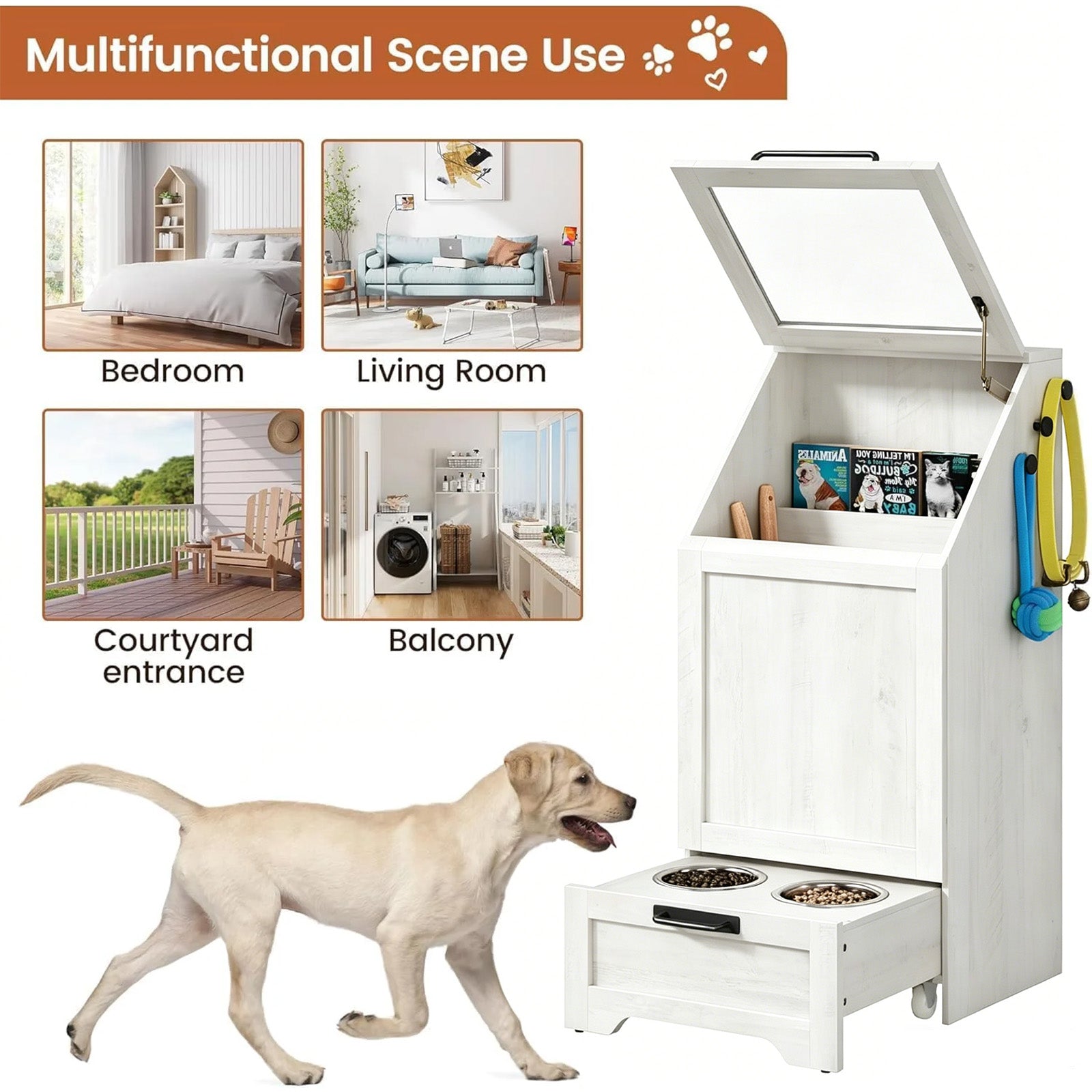 Garvee Mueble Alimentador para Perros con Contenedor de Comida, Armario de Almacenamiento de Madera con Comedero Inferior, Blanco