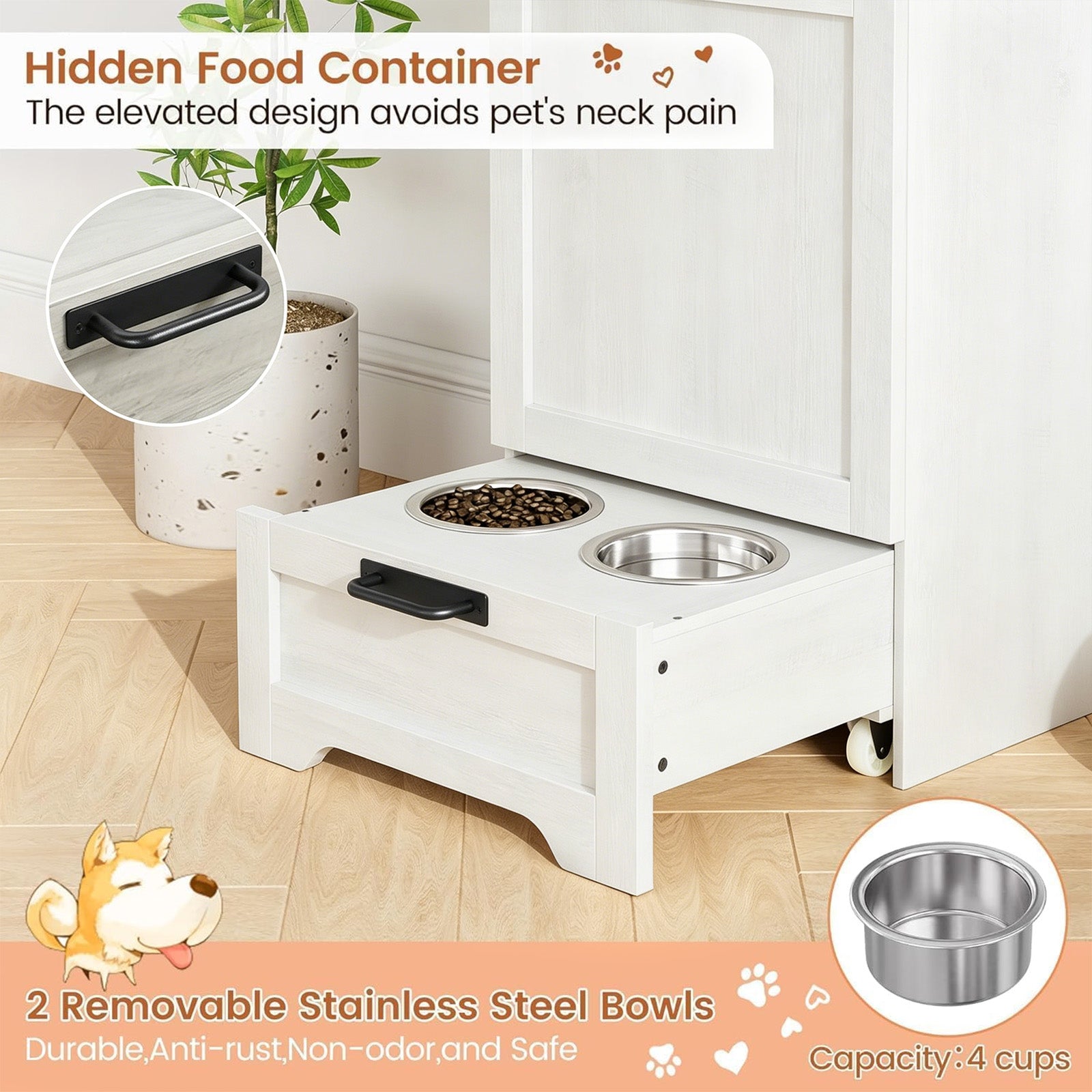 Garvee Mueble Alimentador para Perros con Contenedor de Comida, Armario de Almacenamiento de Madera con Comedero Inferior, Blanco
