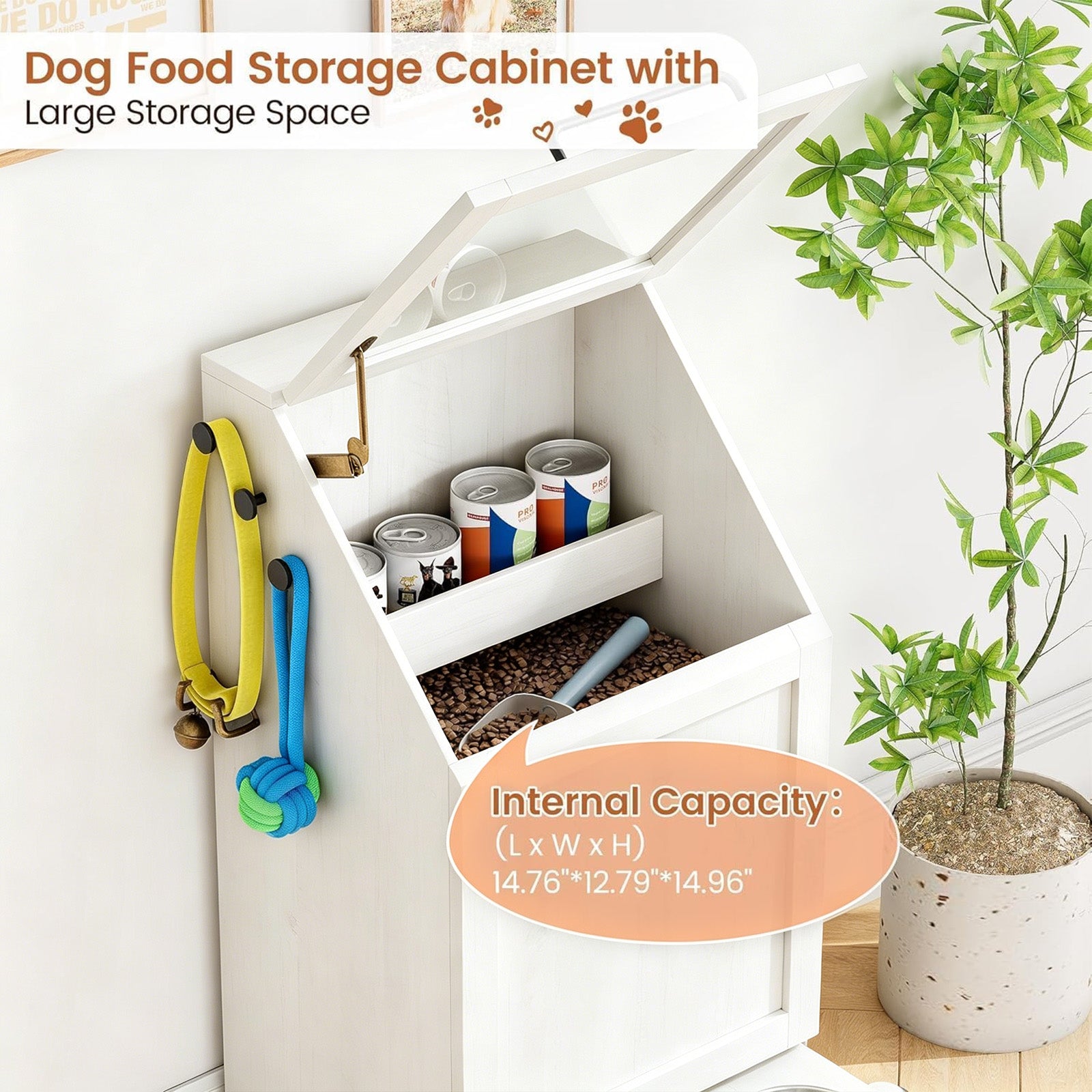 Garvee Mueble Alimentador para Perros con Contenedor de Comida, Armario de Almacenamiento de Madera con Comedero Inferior, Blanco