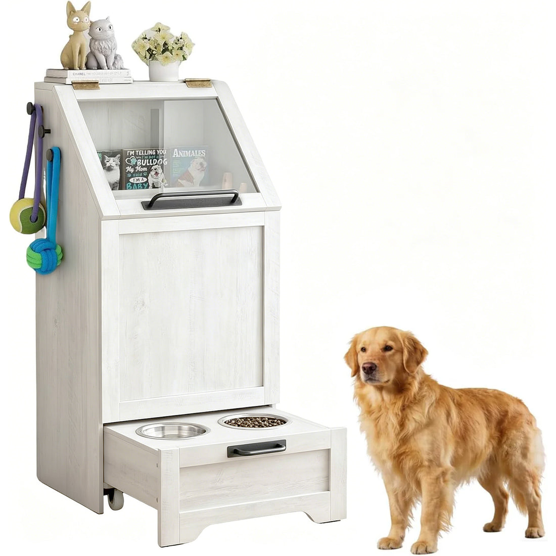 Garvee Mueble Alimentador para Perros con Contenedor de Comida, Armario de Almacenamiento de Madera con Comedero Inferior, Blanco