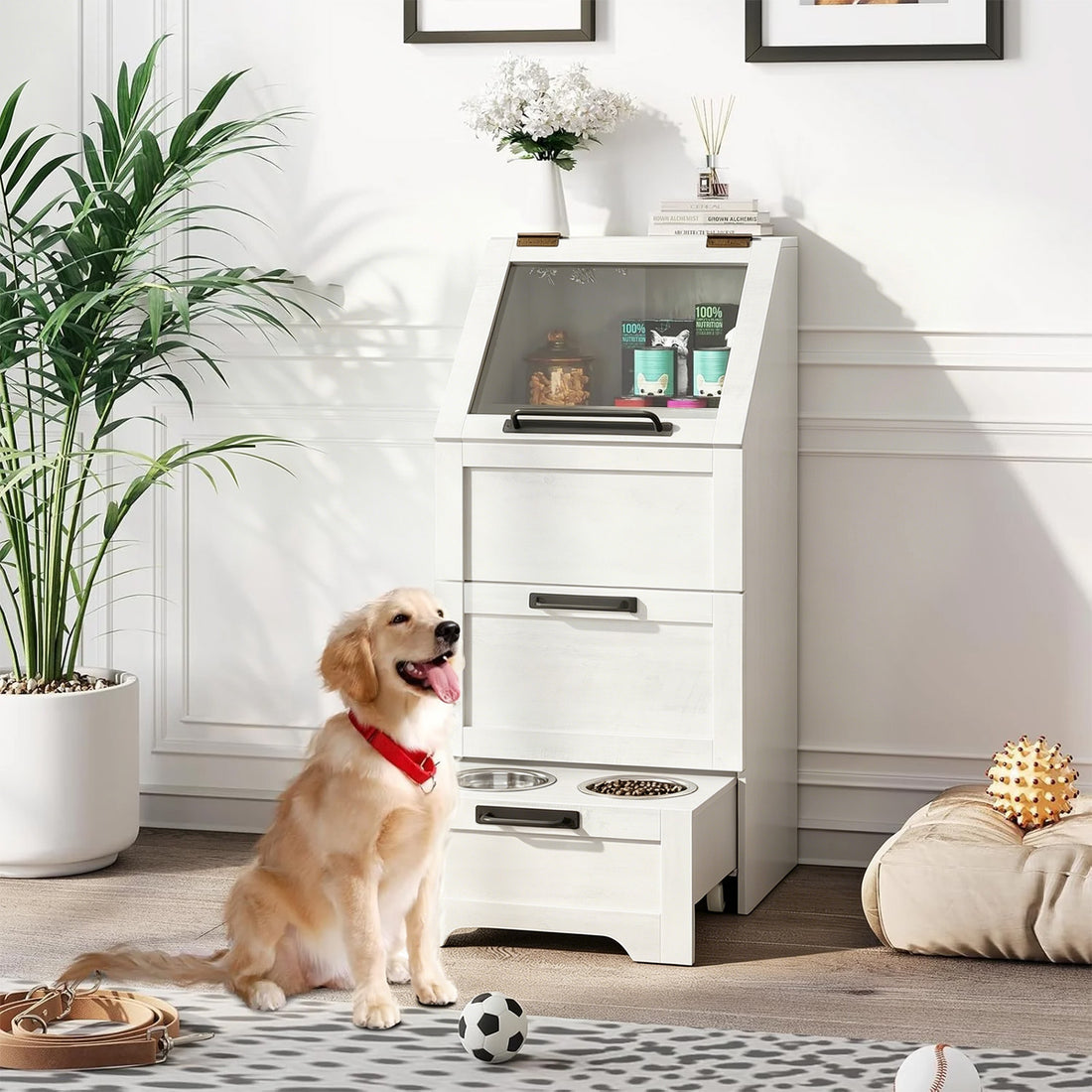 Garvee Mueble Alimentador para Perros con Contenedor de Comida, Armario de Almacenamiento de Madera con Comedero Inferior, Blanco