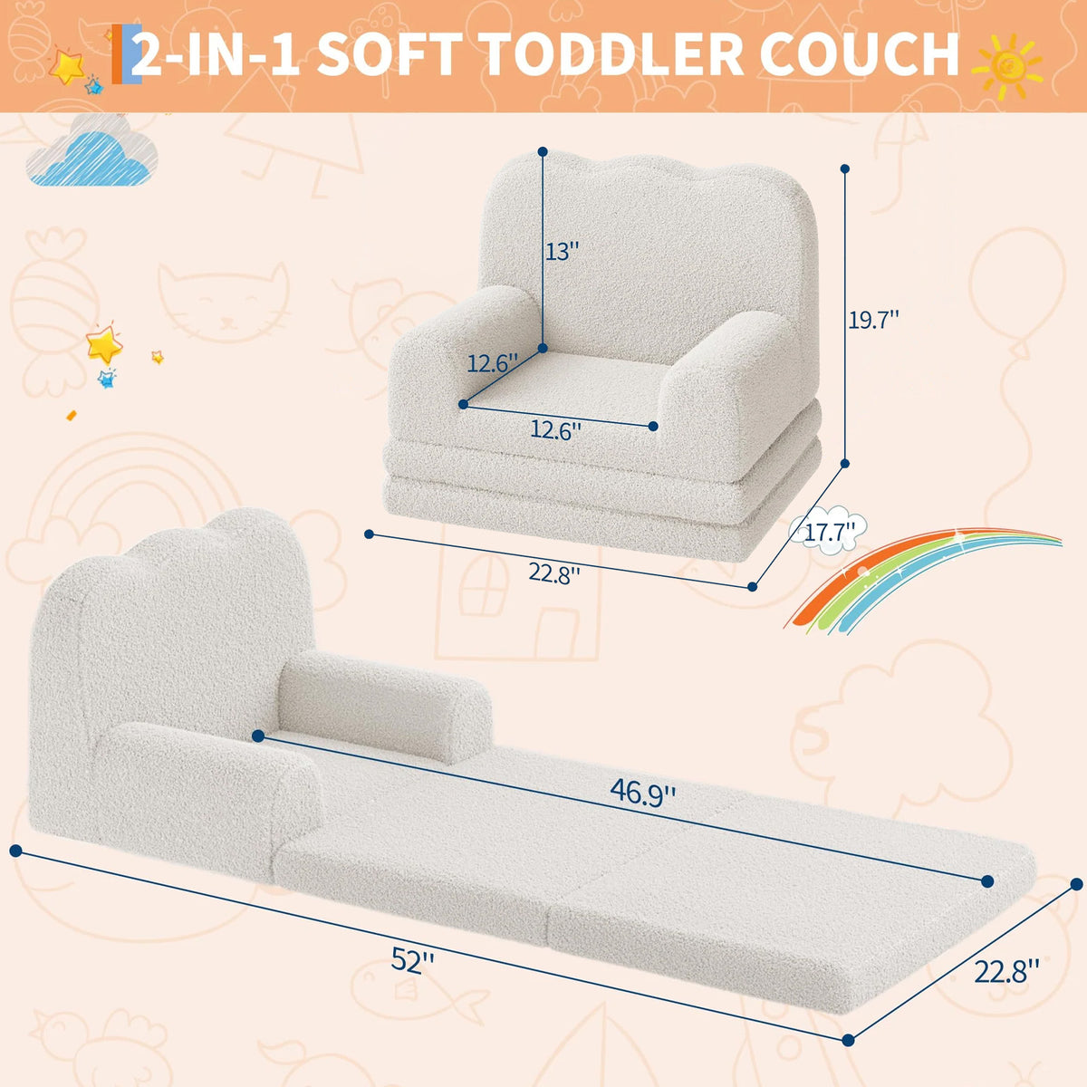 Garvee Sofá Infantil Convertible 2-en-1 con Espuma Densa y Sherpa Suave, Blanco Ondulado, Ideal para Juegos y Descanso, Ligero y Seguro