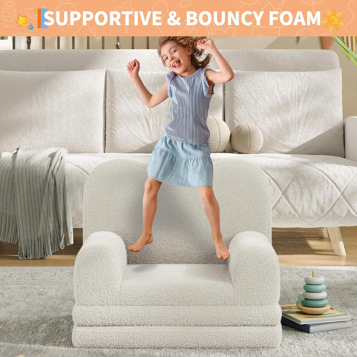 Garvee Sofá Infantil Convertible 2-en-1 con Espuma Densa y Sherpa Suave, Blanco Ondulado, Ideal para Juegos y Descanso, Ligero y Seguro