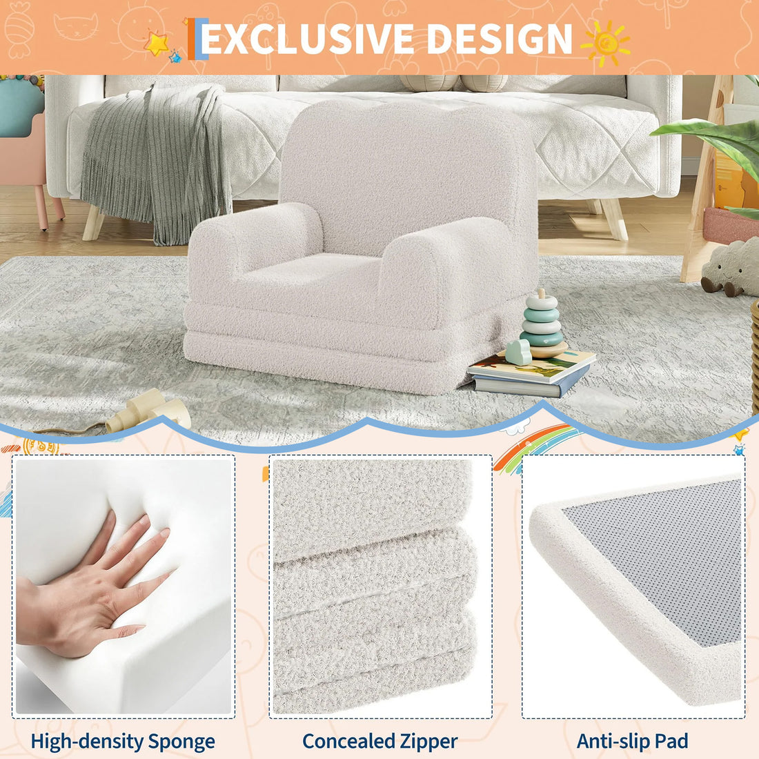 Garvee Sofá Infantil Convertible 2-en-1 con Espuma Densa y Sherpa Suave, Blanco Ondulado, Ideal para Juegos y Descanso, Ligero y Seguro