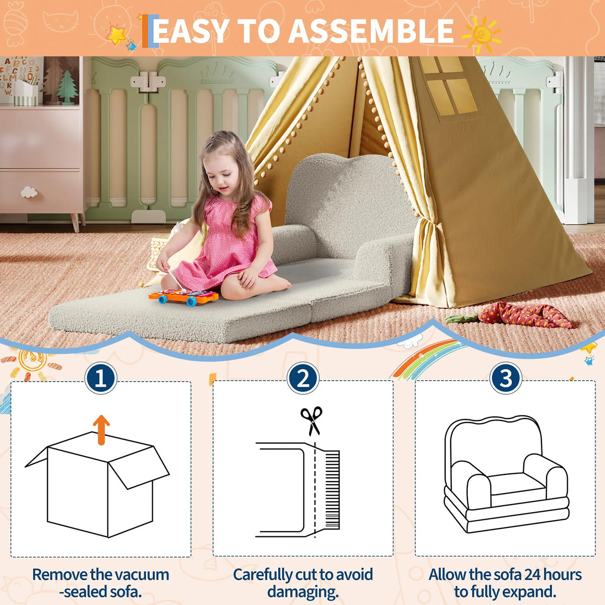 Garvee Sofá Infantil Convertible 2-en-1 con Espuma Densa y Sherpa Suave, Blanco Ondulado, Ideal para Juegos y Descanso, Ligero y Seguro