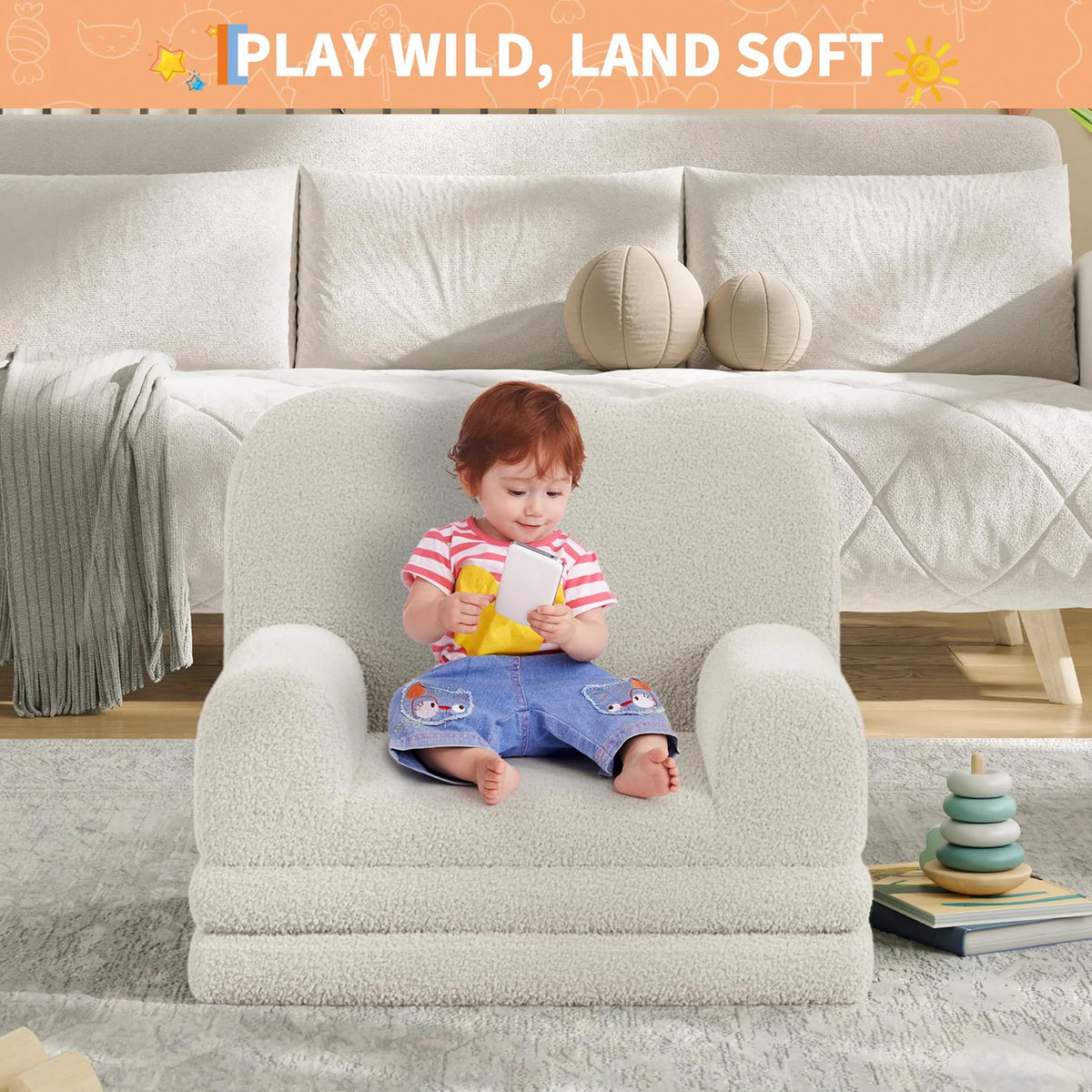 Garvee Sofá Infantil Convertible 2-en-1 con Espuma Densa y Sherpa Suave, Blanco Ondulado, Ideal para Juegos y Descanso, Ligero y Seguro