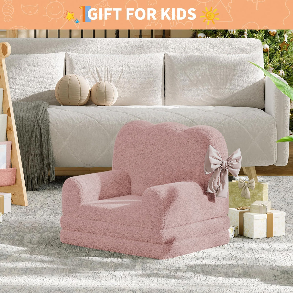 Garvee Sofá Infantil Convertible 2 en 1, Espuma de Alta Densidad con Tela Sherpa Suave, Funda Lavable, Cama Plegable Ligera para Niños, Rosa