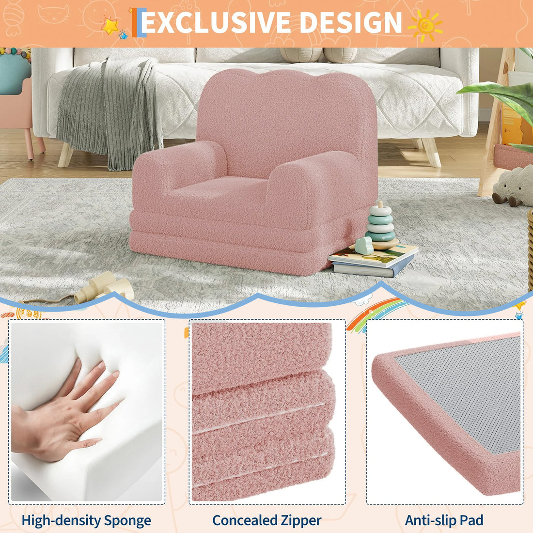 Garvee Sofá Infantil Convertible 2 en 1, Espuma de Alta Densidad con Tela Sherpa Suave, Funda Lavable, Cama Plegable Ligera para Niños, Rosa