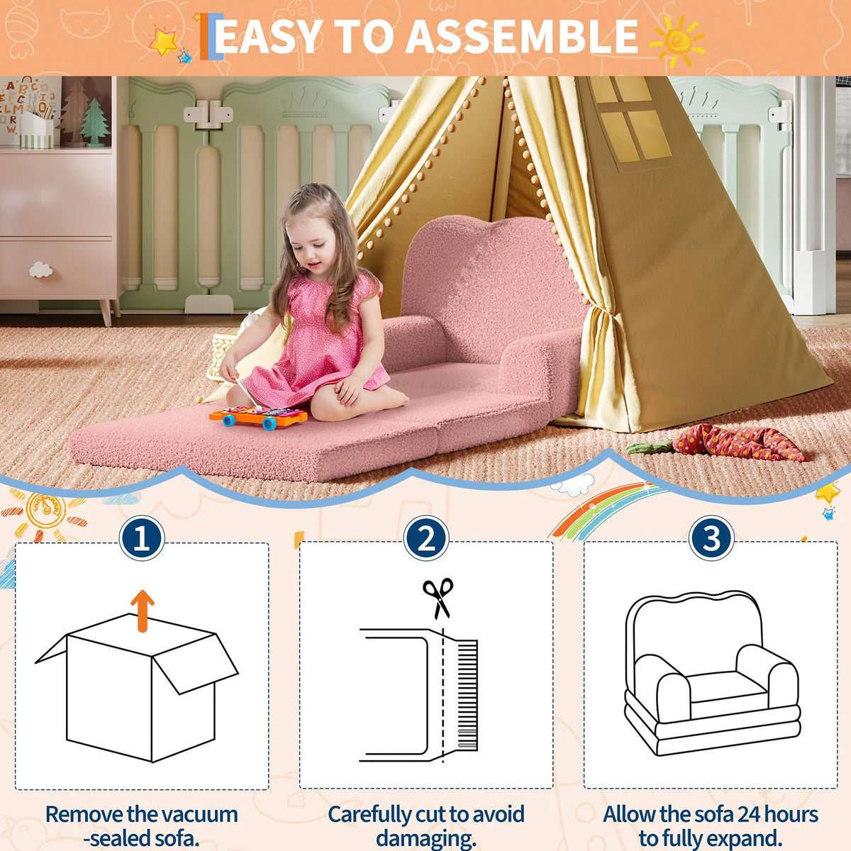 Garvee Sofá Infantil Convertible 2 en 1, Espuma de Alta Densidad con Tela Sherpa Suave, Funda Lavable, Cama Plegable Ligera para Niños, Rosa
