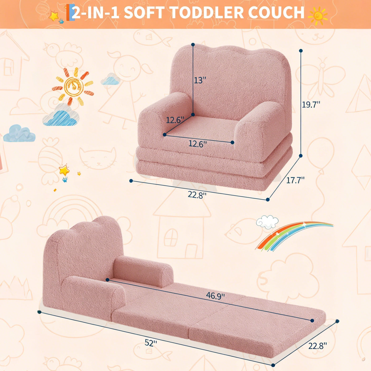 Garvee Sofá Infantil Convertible 2 en 1, Espuma de Alta Densidad con Tela Sherpa Suave, Funda Lavable, Cama Plegable Ligera para Niños, Rosa