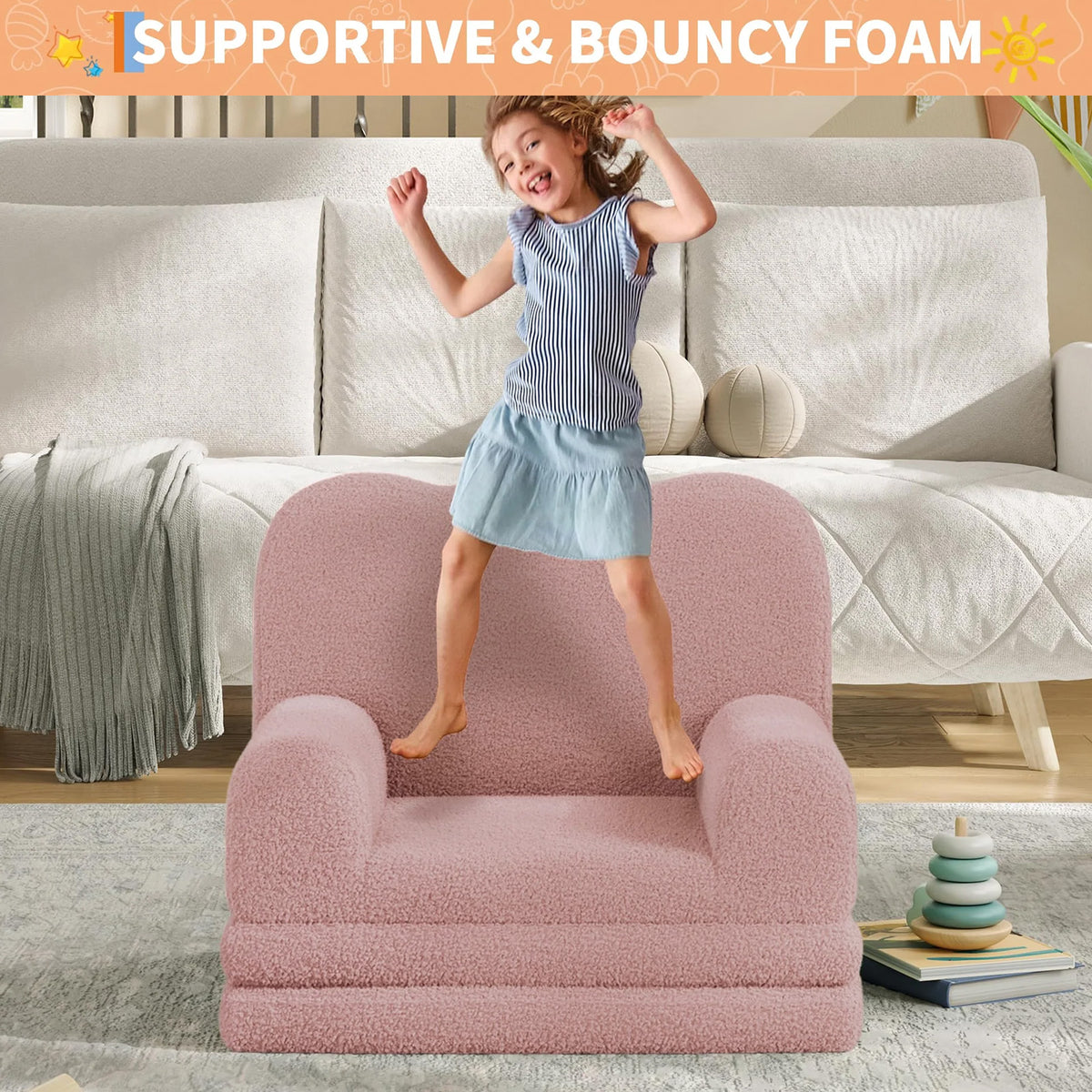 Garvee Sofá Infantil Convertible 2 en 1, Espuma de Alta Densidad con Tela Sherpa Suave, Funda Lavable, Cama Plegable Ligera para Niños, Rosa