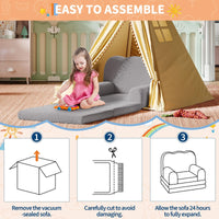 Garvee Sofá Infantil 2 en 1 Convertible con Diseño de Olas y Tela Teddy, Espuma de Alta Densidad, Funda Lavable, para Sala de Juegos y Dormitorio, Gris