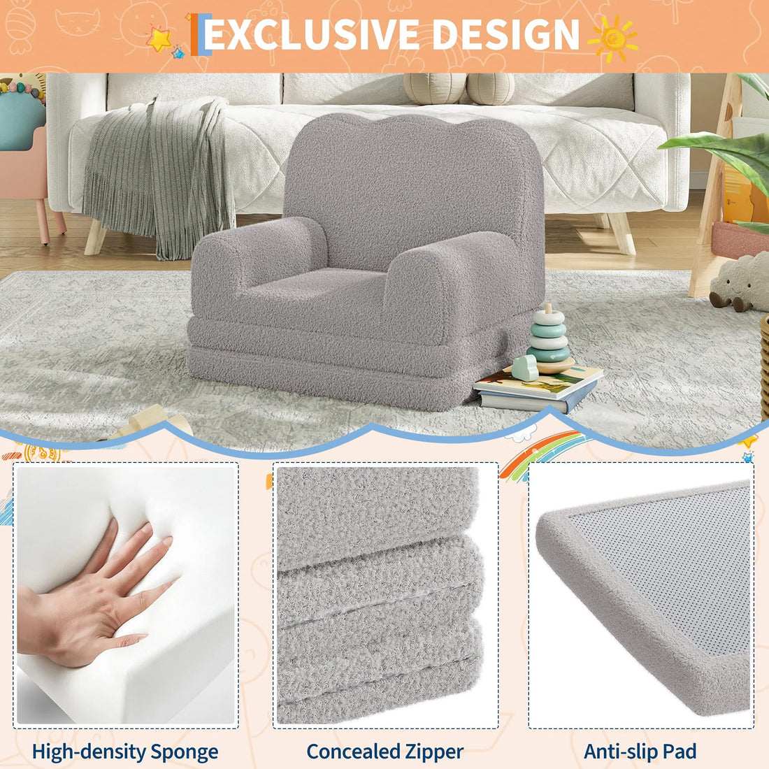Garvee Sofá Infantil 2 en 1 Convertible con Diseño de Olas y Tela Teddy, Espuma de Alta Densidad, Funda Lavable, para Sala de Juegos y Dormitorio, Gris