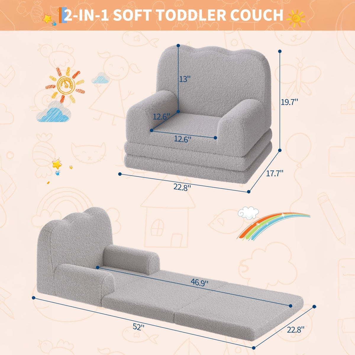 Garvee Sofá Infantil 2 en 1 Convertible con Diseño de Olas y Tela Teddy, Espuma de Alta Densidad, Funda Lavable, para Sala de Juegos y Dormitorio, Gris