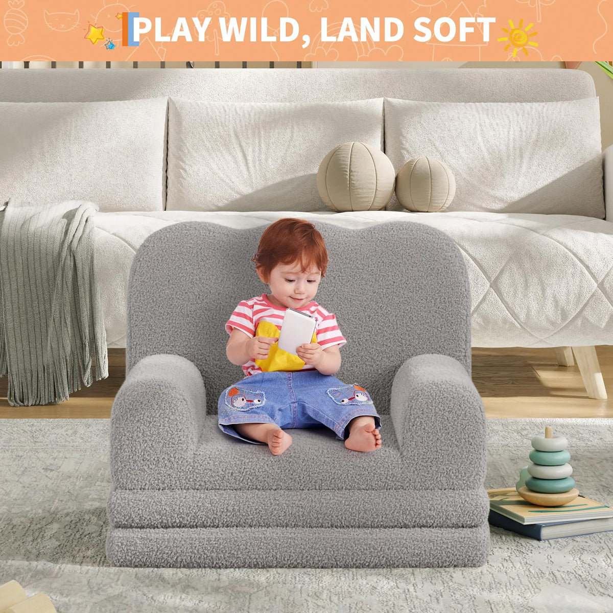 Garvee Sofá Infantil 2 en 1 Convertible con Diseño de Olas y Tela Teddy, Espuma de Alta Densidad, Funda Lavable, para Sala de Juegos y Dormitorio, Gris