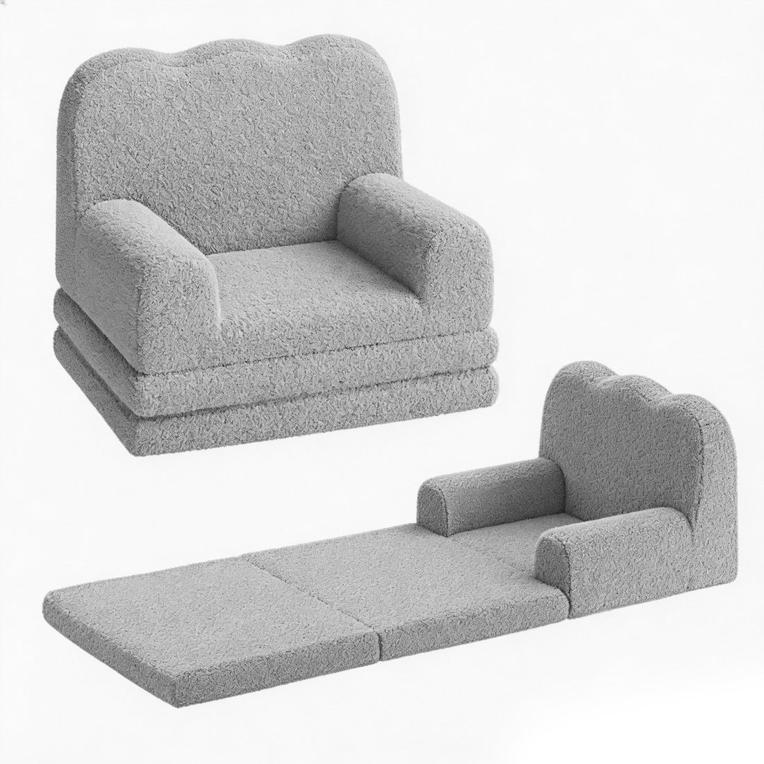 Garvee Sofá Infantil 2 en 1 Convertible con Diseño de Olas y Tela Teddy, Espuma de Alta Densidad, Funda Lavable, para Sala de Juegos y Dormitorio, Gris