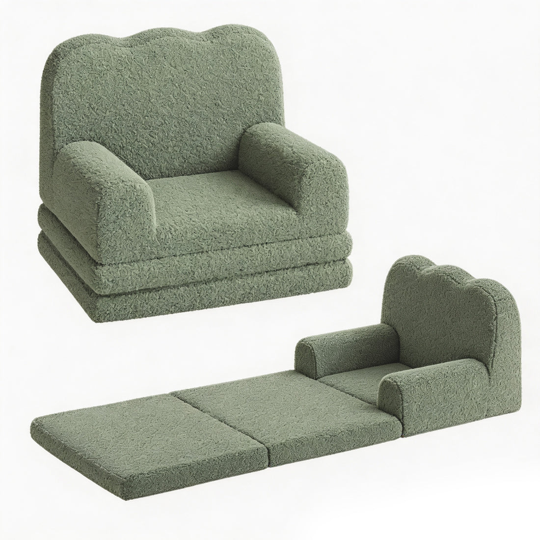 Garvee Sofá Infantil Convertible 2 en 1 Diseño de Ola, Cama Plegable de Espuma Alta Densidad con Funda Lavable, Verde