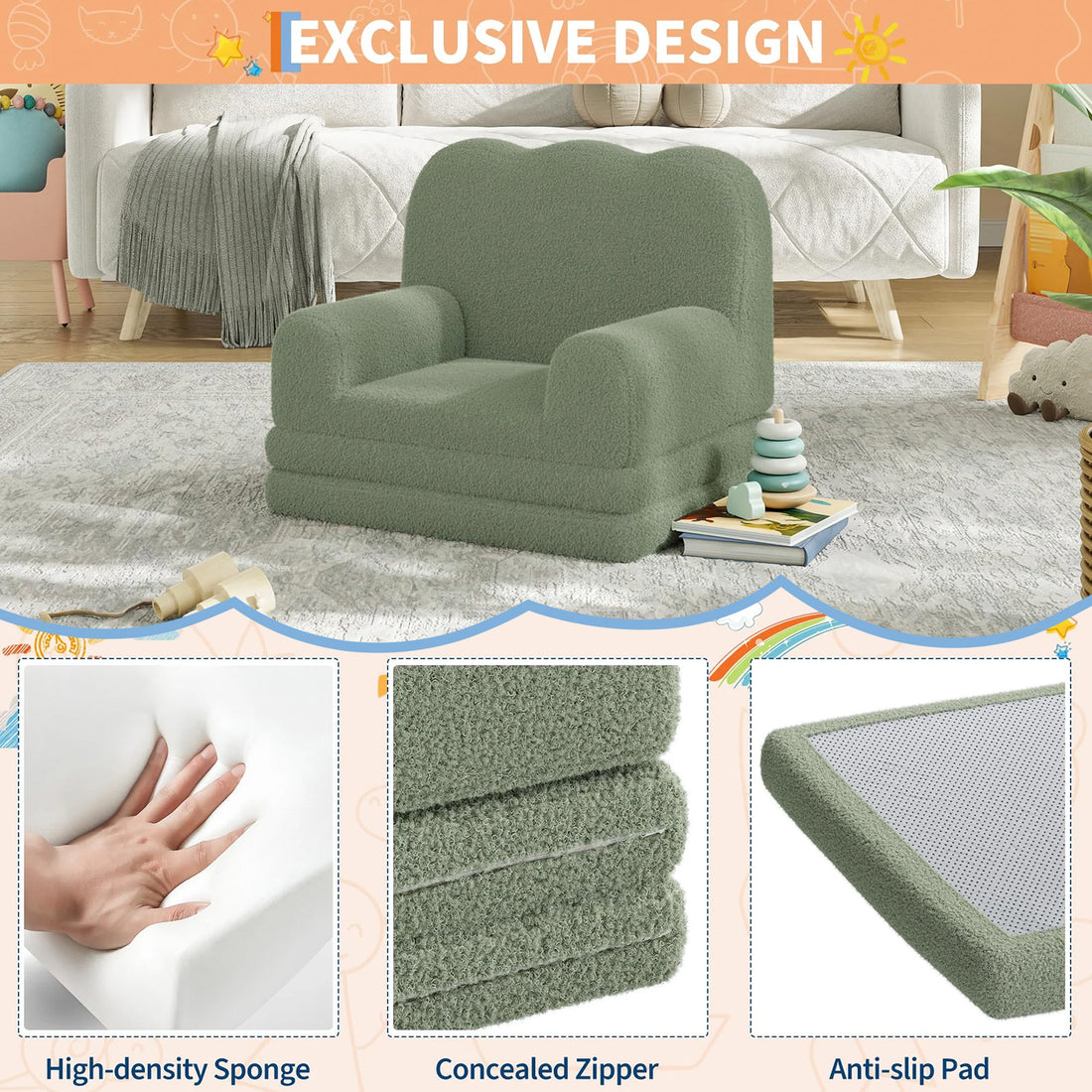 Garvee Sofá Infantil Convertible 2 en 1 Diseño de Ola, Cama Plegable de Espuma Alta Densidad con Funda Lavable, Verde