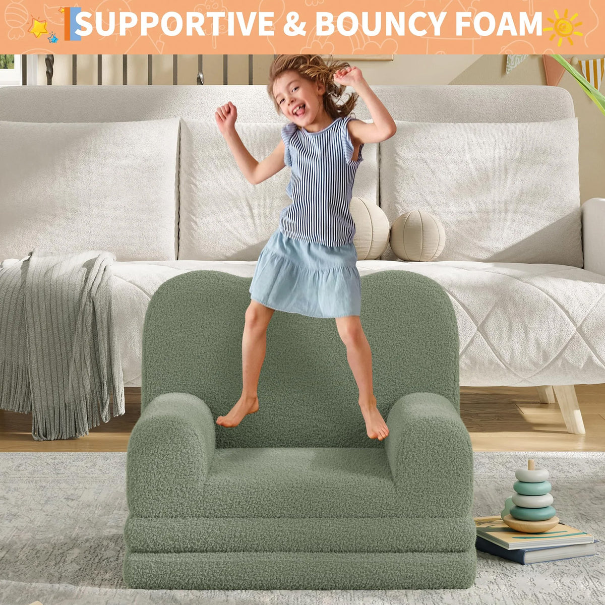 Garvee Sofá Infantil Convertible 2 en 1 Diseño de Ola, Cama Plegable de Espuma Alta Densidad con Funda Lavable, Verde
