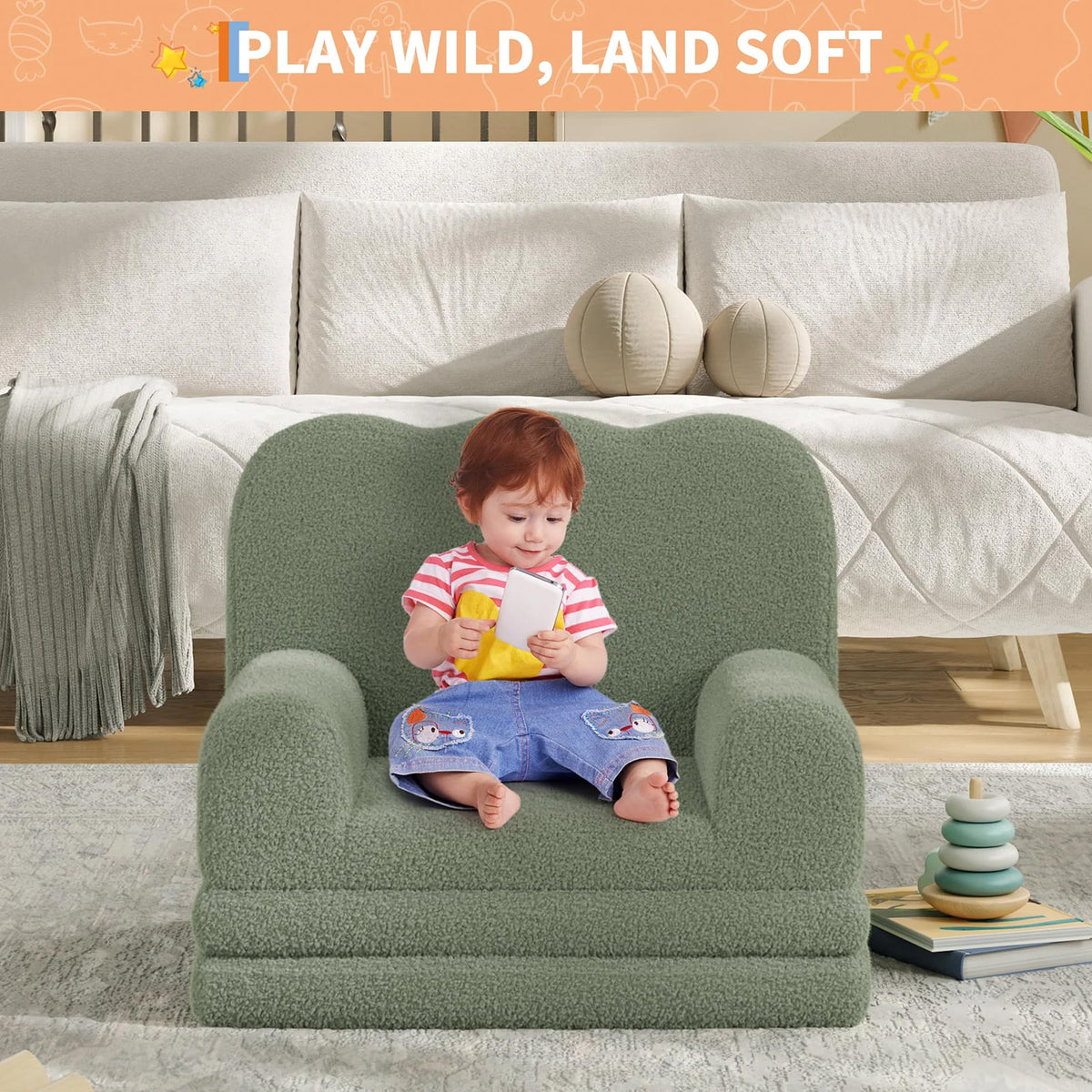 Garvee Sofá Infantil Convertible 2 en 1 Diseño de Ola, Cama Plegable de Espuma Alta Densidad con Funda Lavable, Verde