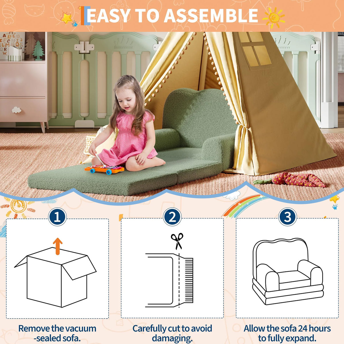Garvee Sofá Infantil Convertible 2 en 1 Diseño de Ola, Cama Plegable de Espuma Alta Densidad con Funda Lavable, Verde