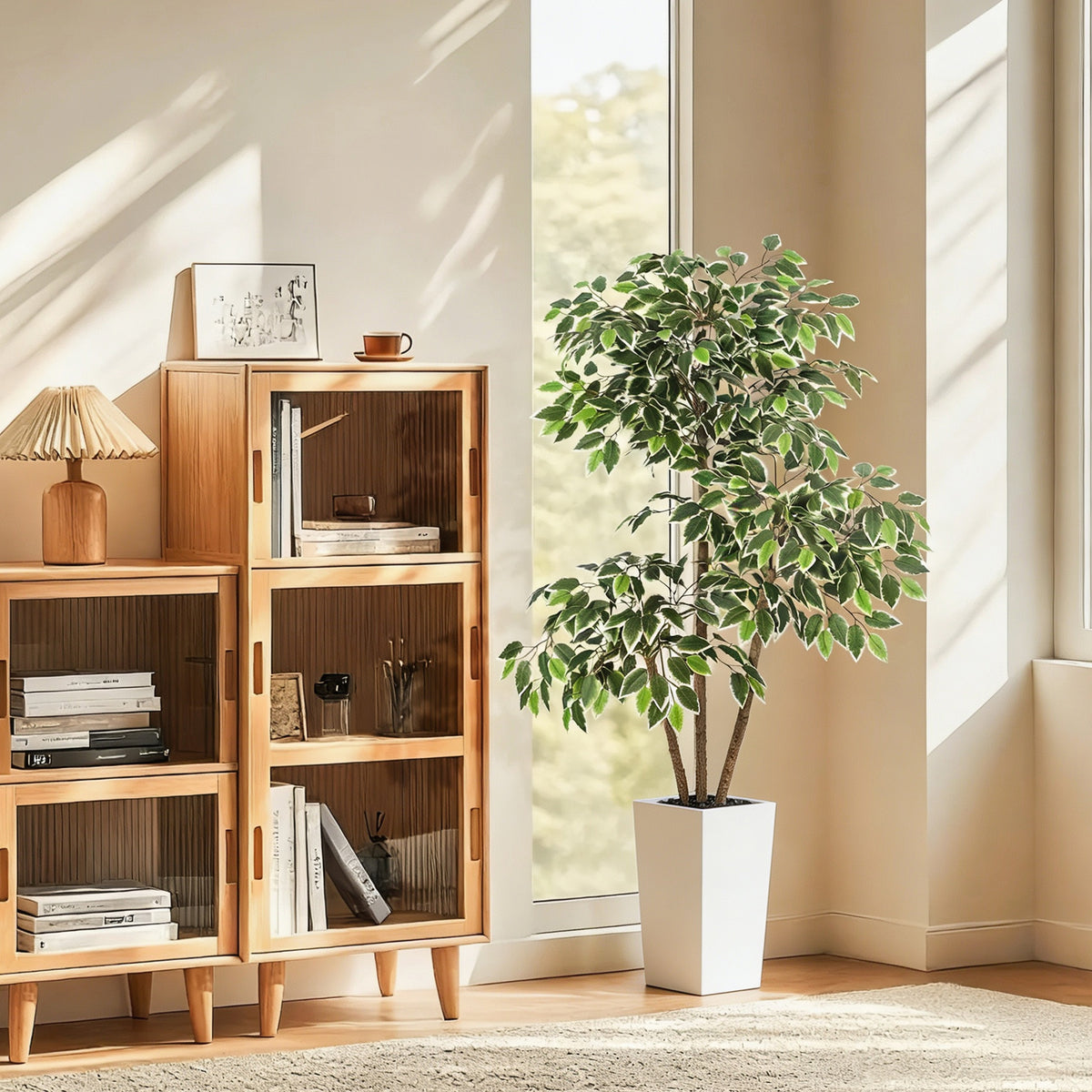 Garvee Árbol Artificial de Ficus Alto de 152 cm, Planta Artificial de Seda con 3 Troncos para Decoración, Planta Falsa para Hogar, Oficina, Hotel, Interior y Exterior, Maceta Alta Blanca