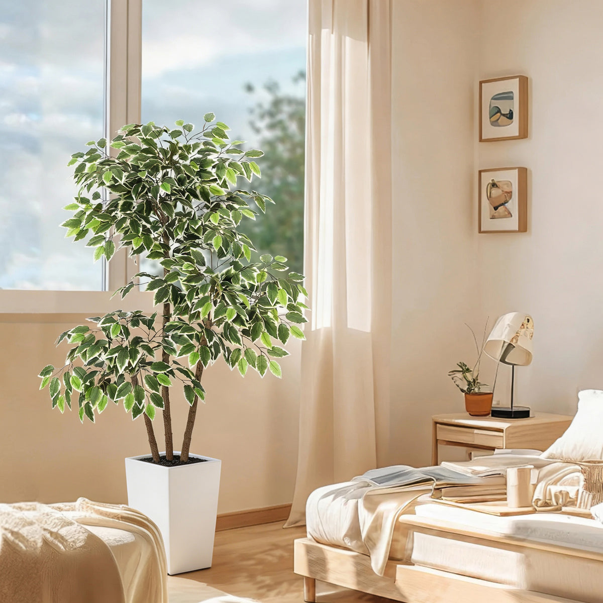 Garvee Árbol Artificial de Ficus Alto de 152 cm, Planta Artificial de Seda con 3 Troncos para Decoración, Planta Falsa para Hogar, Oficina, Hotel, Interior y Exterior, Maceta Alta Blanca