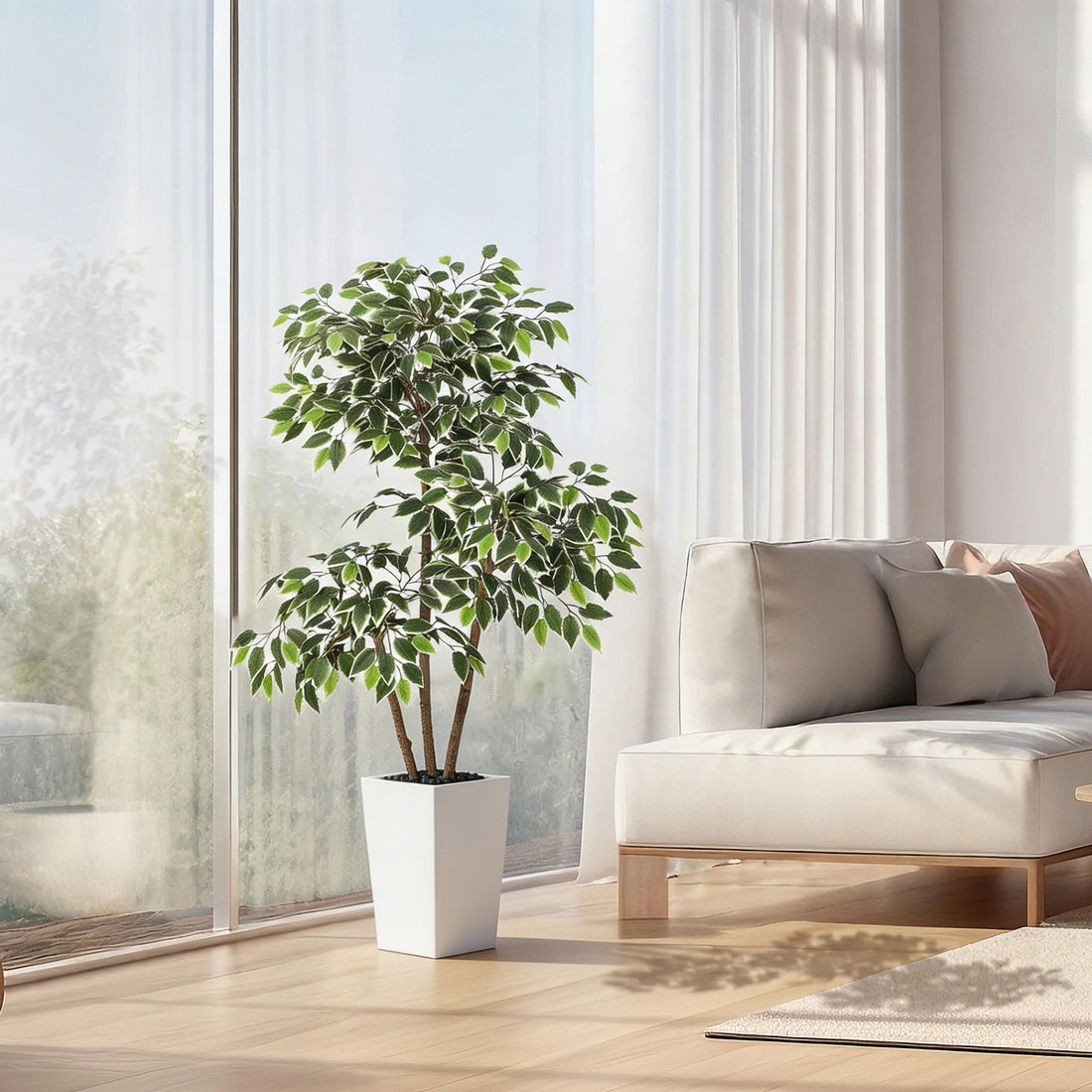 Garvee Árbol Artificial de Ficus Alto de 152 cm, Planta Artificial de Seda con 3 Troncos para Decoración, Planta Falsa para Hogar, Oficina, Hotel, Interior y Exterior, Maceta Alta Blanca