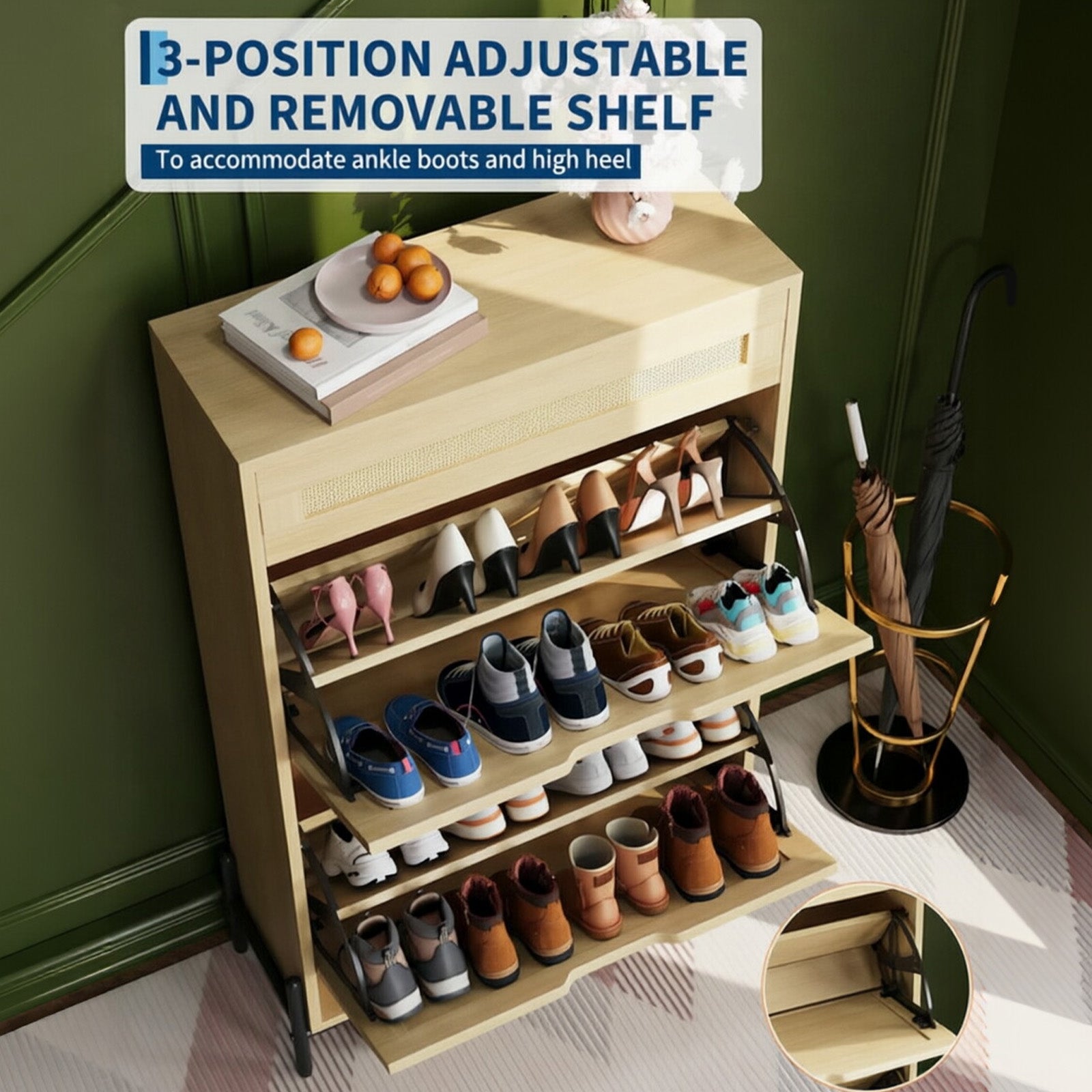 Garvee Armario Zapatero Estrecho De Ratán, Cómoda Zapatero Con Puerta Abatible y Cajón, Ajustable, De Madera, Color Natural, para Pasillo y Salón