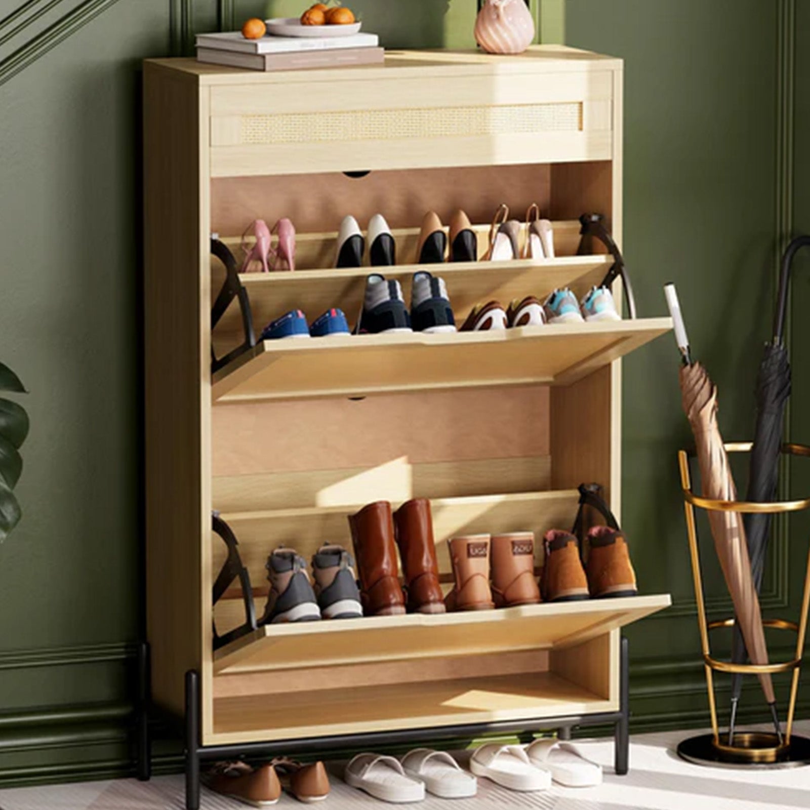 Garvee Armario Zapatero Estrecho De Ratán, Cómoda Zapatero Con Puerta Abatible y Cajón, Ajustable, De Madera, Color Natural, para Pasillo y Salón