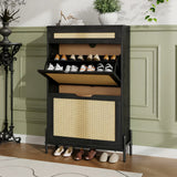 Garvee Zapatero de Rattan Natural con 2 Cajones Abatibles y 1 Cajón, Estante Ajustable, Compacto para Entrada y Dormitorio, Madera y Metal, Negro - Negro