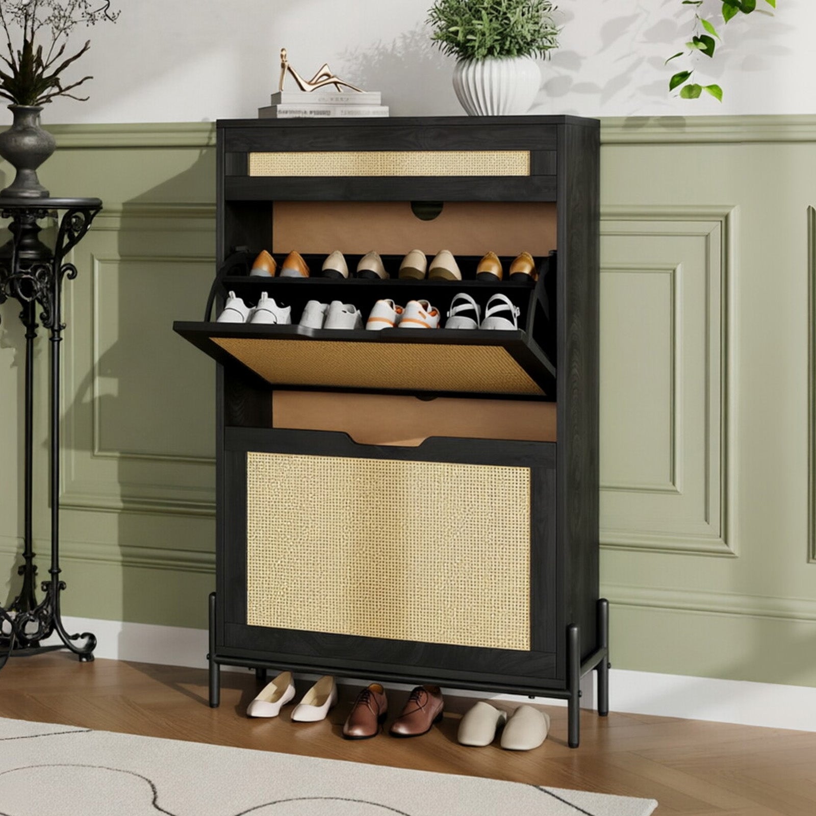 Garvee Zapatero Compacto De Madera Con 2 Cajones Extraíbles Para Pasillos Y Entradas, Estantes Ajustables, Panel De Lino, Varias Colores