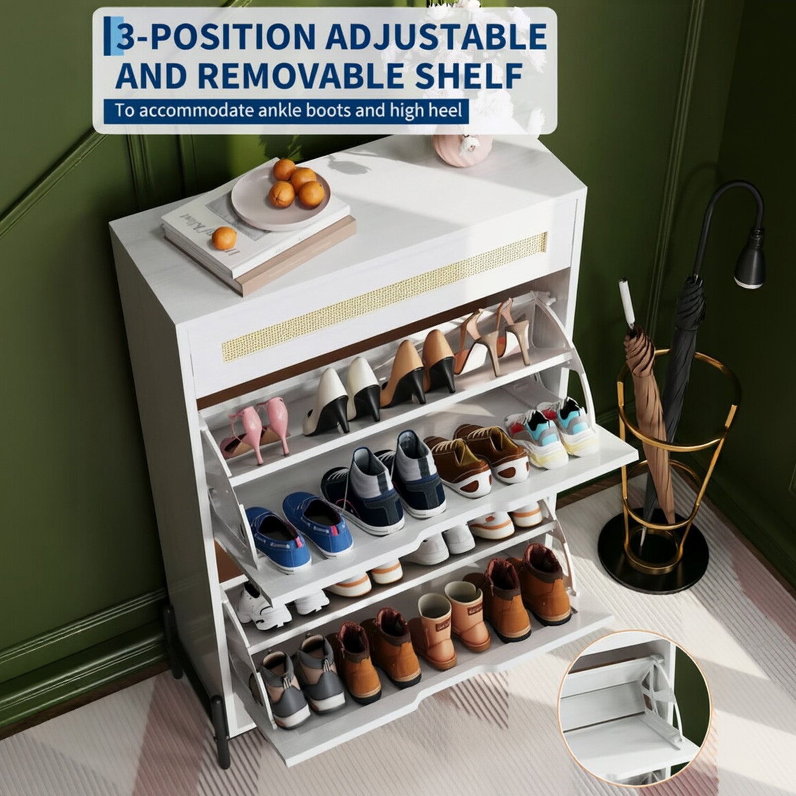 Garvee Zapatero Compacto De Madera Con 2 Cajones Extraíbles Para Pasillos Entradas Varias, Estantes Ajustables, Panel De Lino, 4 Colores