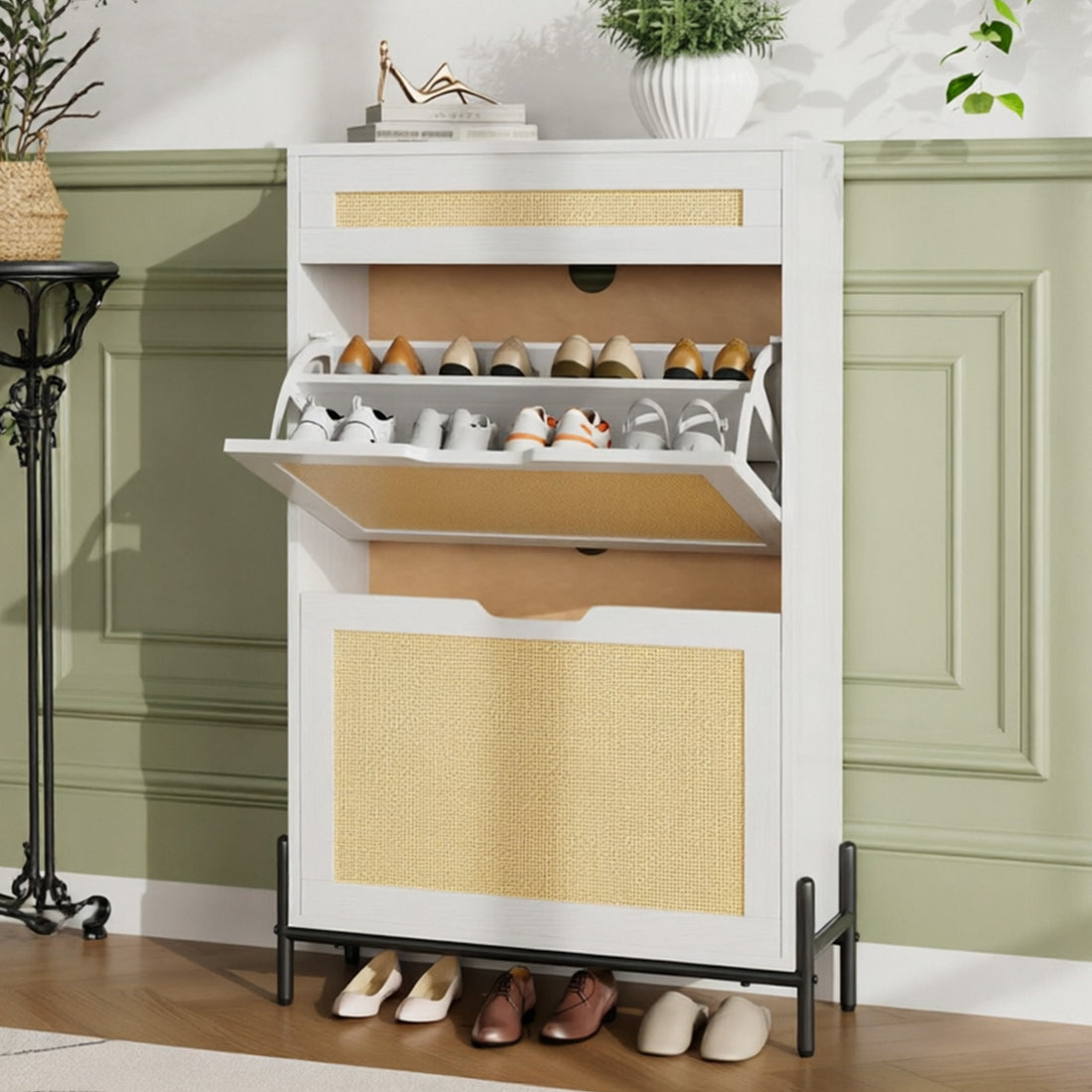 Garvee Zapatero Compacto De Madera Con 2 Cajones Extraíbles Para Pasillos Entradas Varias, Estantes Ajustables, Panel De Lino, 4 Colores