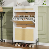 Garvee Zapatero de Rattan Natural con 2 Cajones Abatibles y 1 Cajón, 3 Estantes Ajustables, Madera y Metal para Entrada y Dormitorio, Compacto y Estable, Natural - Blanco