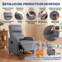 Garvee Sillón Reclinable Eléctrico con Masaje y Calor Respaldo Alto Soporte Lumbar y Puerto USB Gris