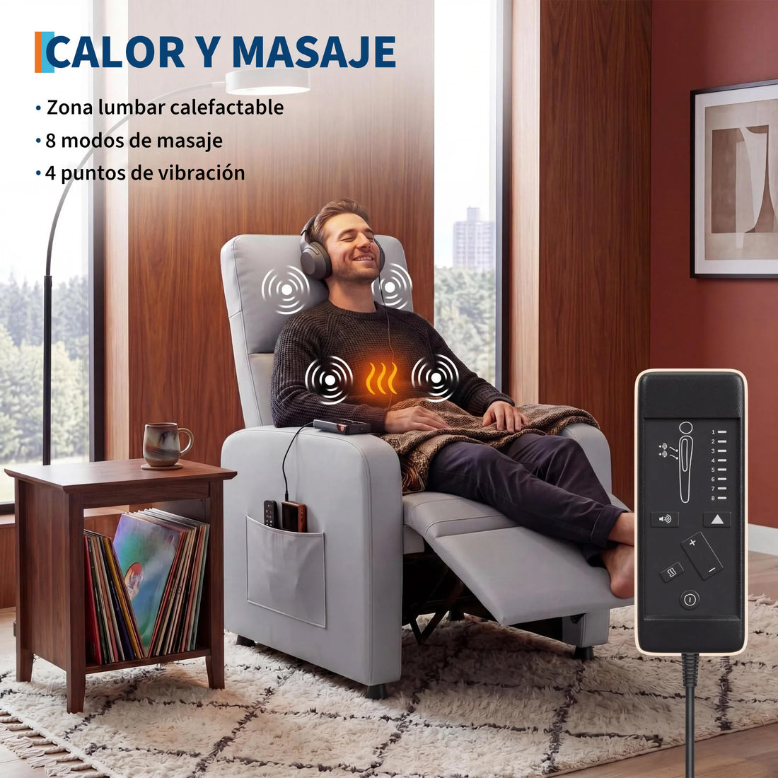 Garvee Sillón Reclinable Eléctrico con Masaje y Calor Respaldo Alto Soporte Lumbar y Puerto USB Gris