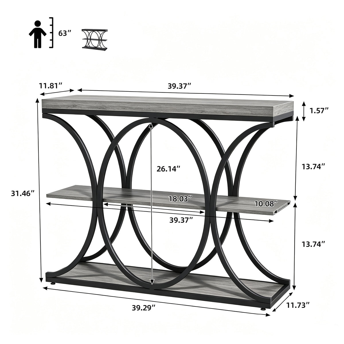 Garvee Mesa Consola Industrial de 99 cm, 3 Estantes, Estructura Metálica Circular, Madera de Ingeniería, para Entrada y Salón, Gris