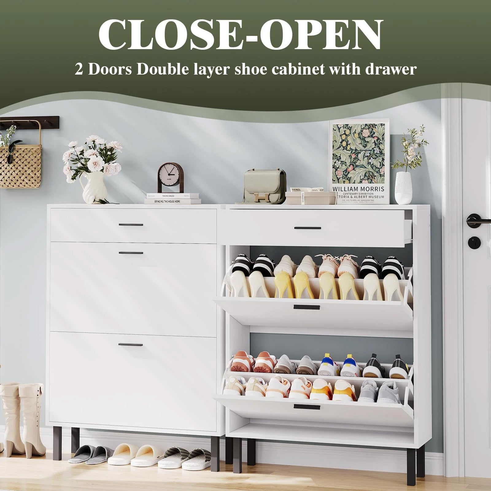 Garvee Mueble Zapatero Estrecho para Entrada con 2 Cajones Abatibles y 1 Cajón Superior Estantes Ajustables Sistema Antivuelco MDF Blanco