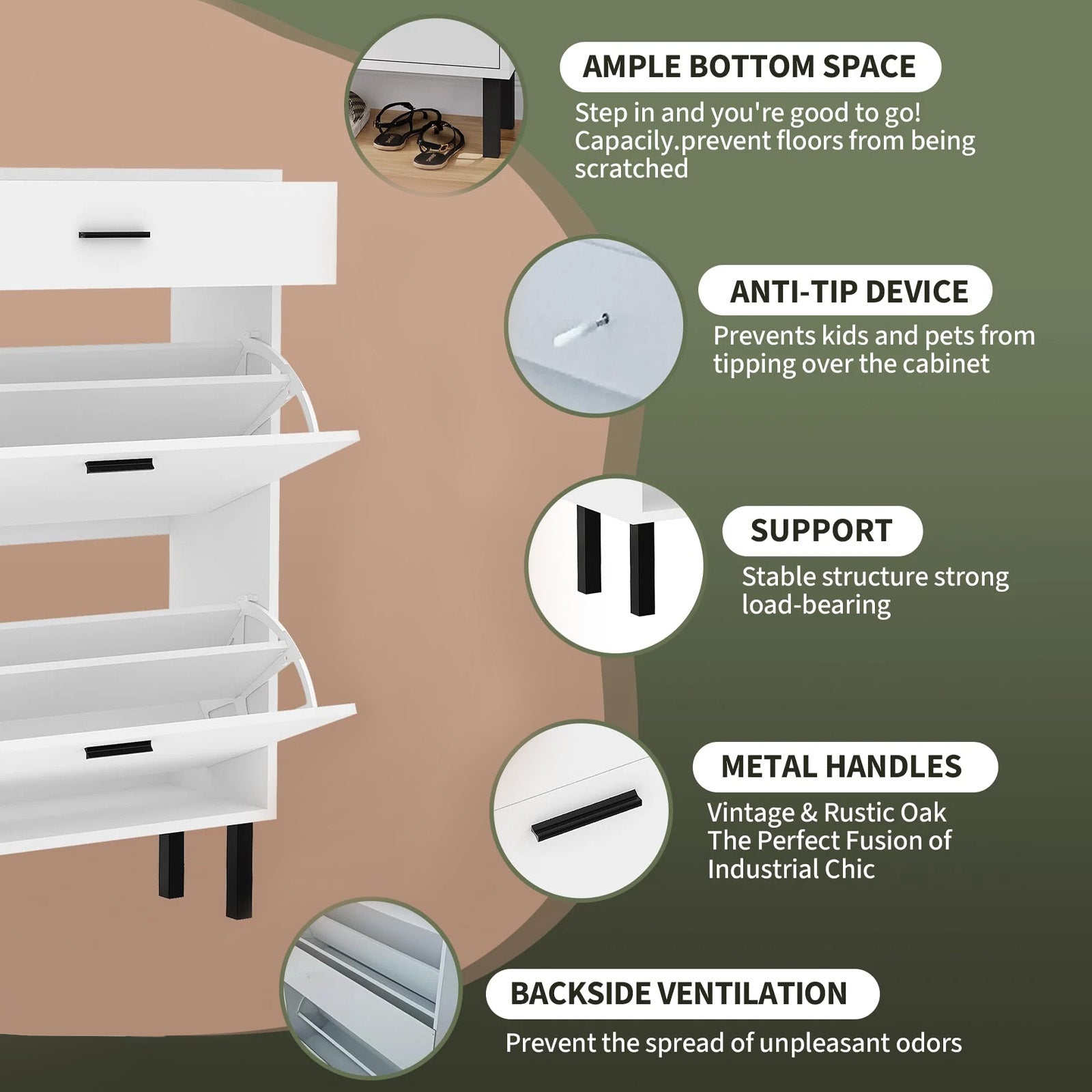 Garvee Mueble Zapatero Estrecho para Entrada con 2 Cajones Abatibles y 1 Cajón Superior Estantes Ajustables Sistema Antivuelco MDF Blanco