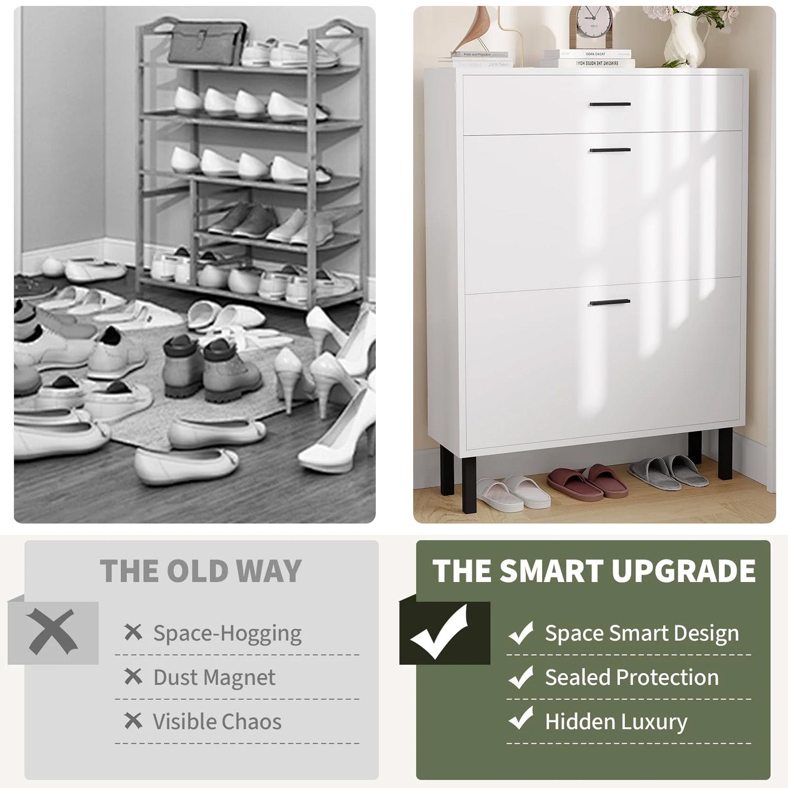 Garvee Mueble Zapatero Estrecho para Entrada con 2 Cajones Abatibles y 1 Cajón Superior Estantes Ajustables Sistema Antivuelco MDF Blanco