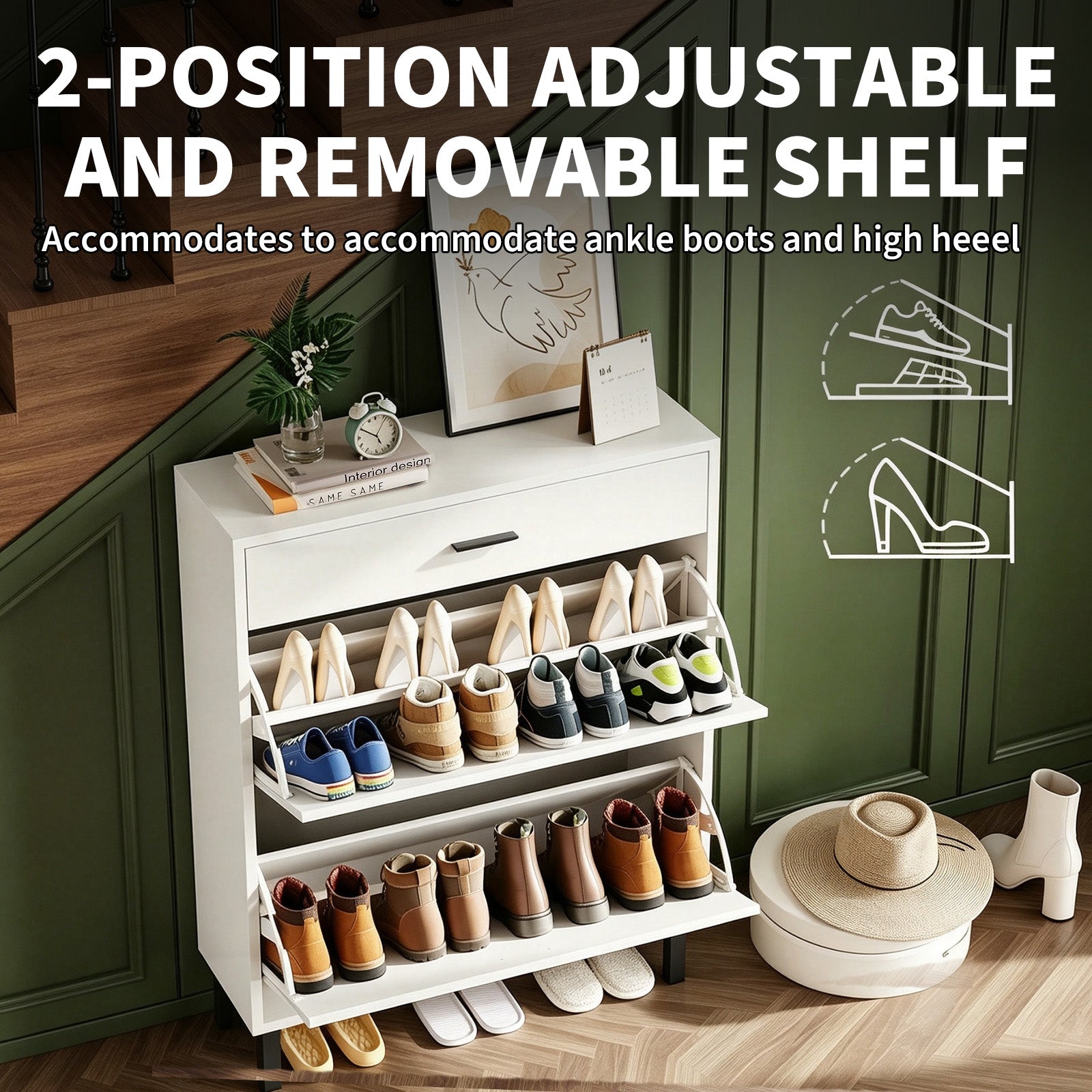 Garvee Mueble Zapatero Estrecho para Entrada con 2 Cajones Abatibles y 1 Cajón Superior Estantes Ajustables Sistema Antivuelco MDF Blanco