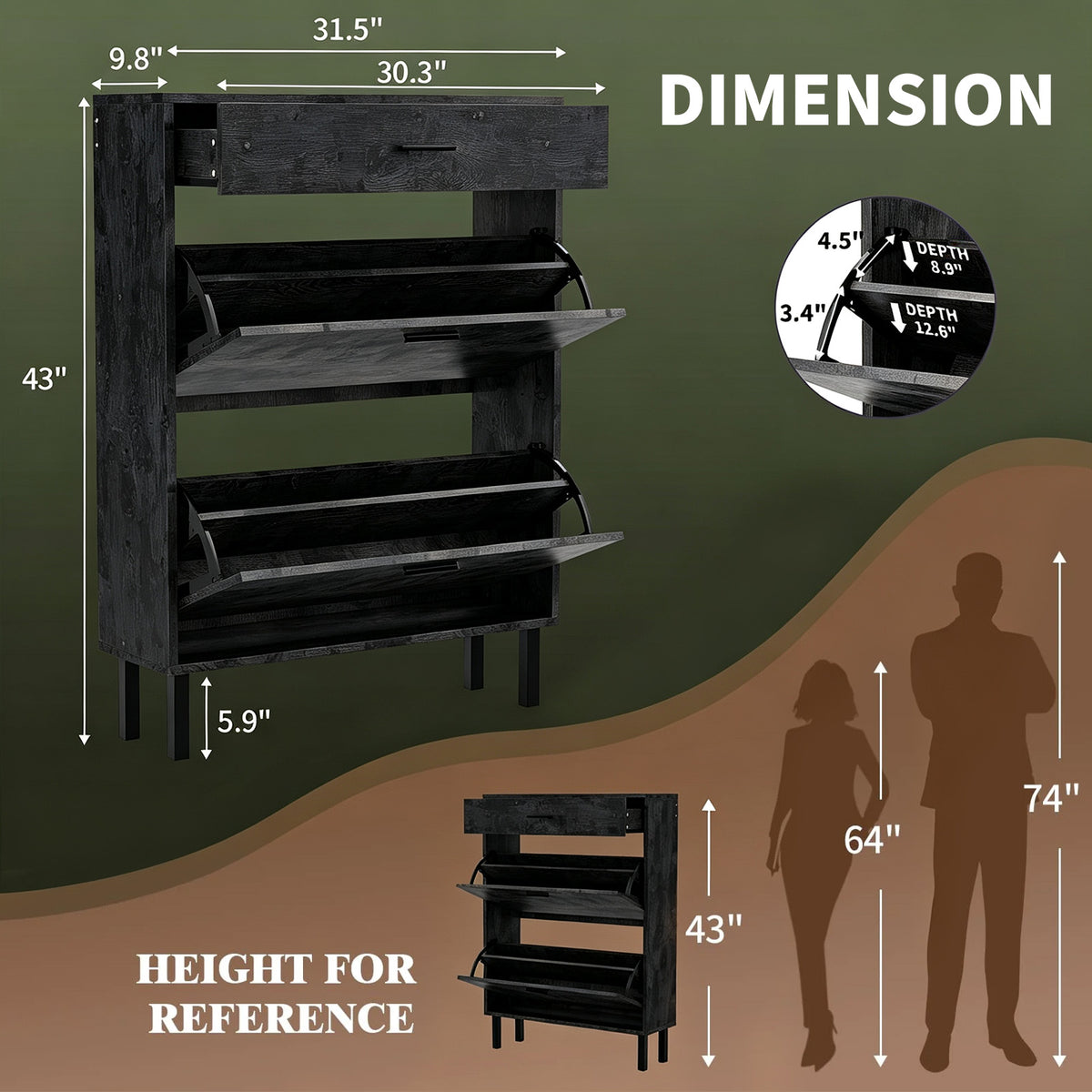 Garvee Zapatero Estrecho con 3 Cajones Organizador de Madera MDF Antivuelco para Entrada y Pasillo Ajustable Negro