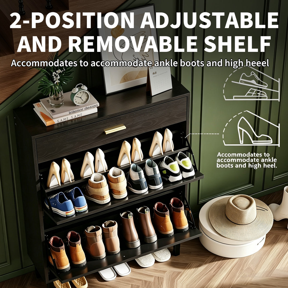 Garvee Zapatero Estrecho con 3 Cajones Organizador de Madera MDF Antivuelco para Entrada y Pasillo Ajustable Negro