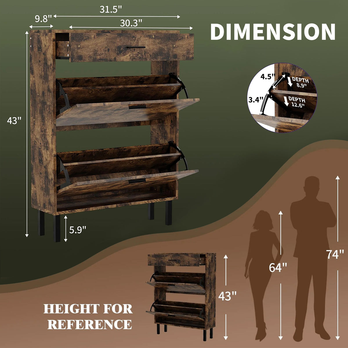 Garvee Zapatero Estrecho de Entrada con 2 Puertas Abatibles y 1 Cajón, Mueble Organizador de Zapatos de Madera MDF, Madera Rústica