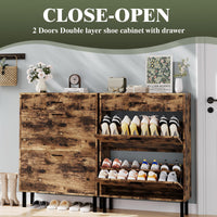 Garvee Zapatero Estrecho de Entrada con 2 Puertas Abatibles y 1 Cajón, Mueble Organizador de Zapatos de Madera MDF, Madera Rústica