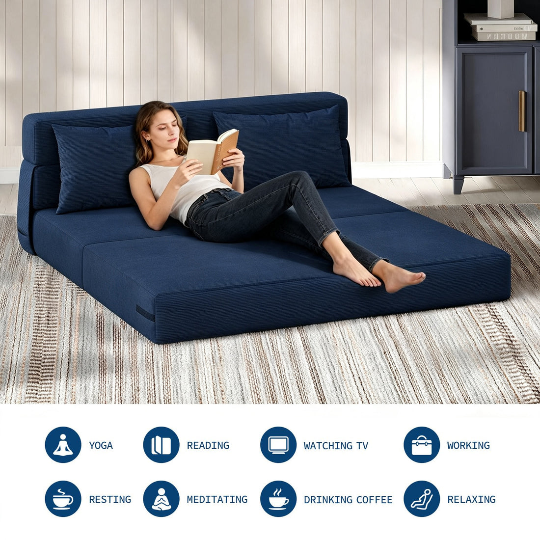 Garvee Sofá Cama Plegable de 4 Posiciones con Respaldo Ajustable y Cojín, Espuma de Alta Densidad, Funda de Pana Desmontable, 80x60x6 Pulgadas, Azul Marino