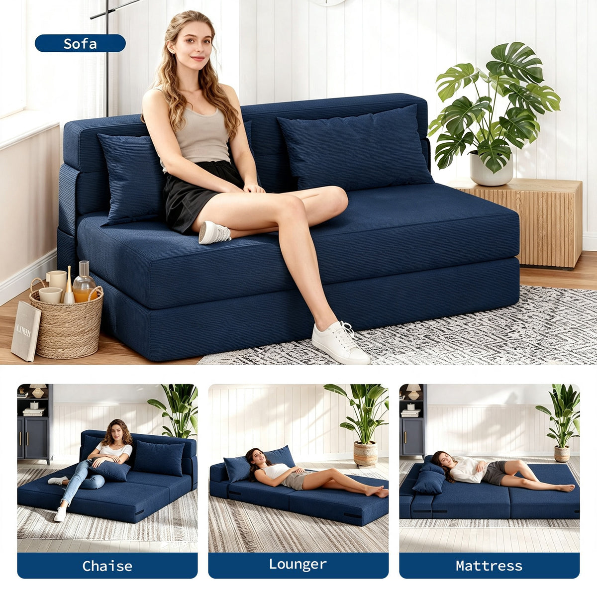 Garvee Sofá Cama Plegable de 4 Posiciones con Respaldo Ajustable y Cojín, Espuma de Alta Densidad, Funda de Pana Desmontable, 80x60x6 Pulgadas, Azul Marino