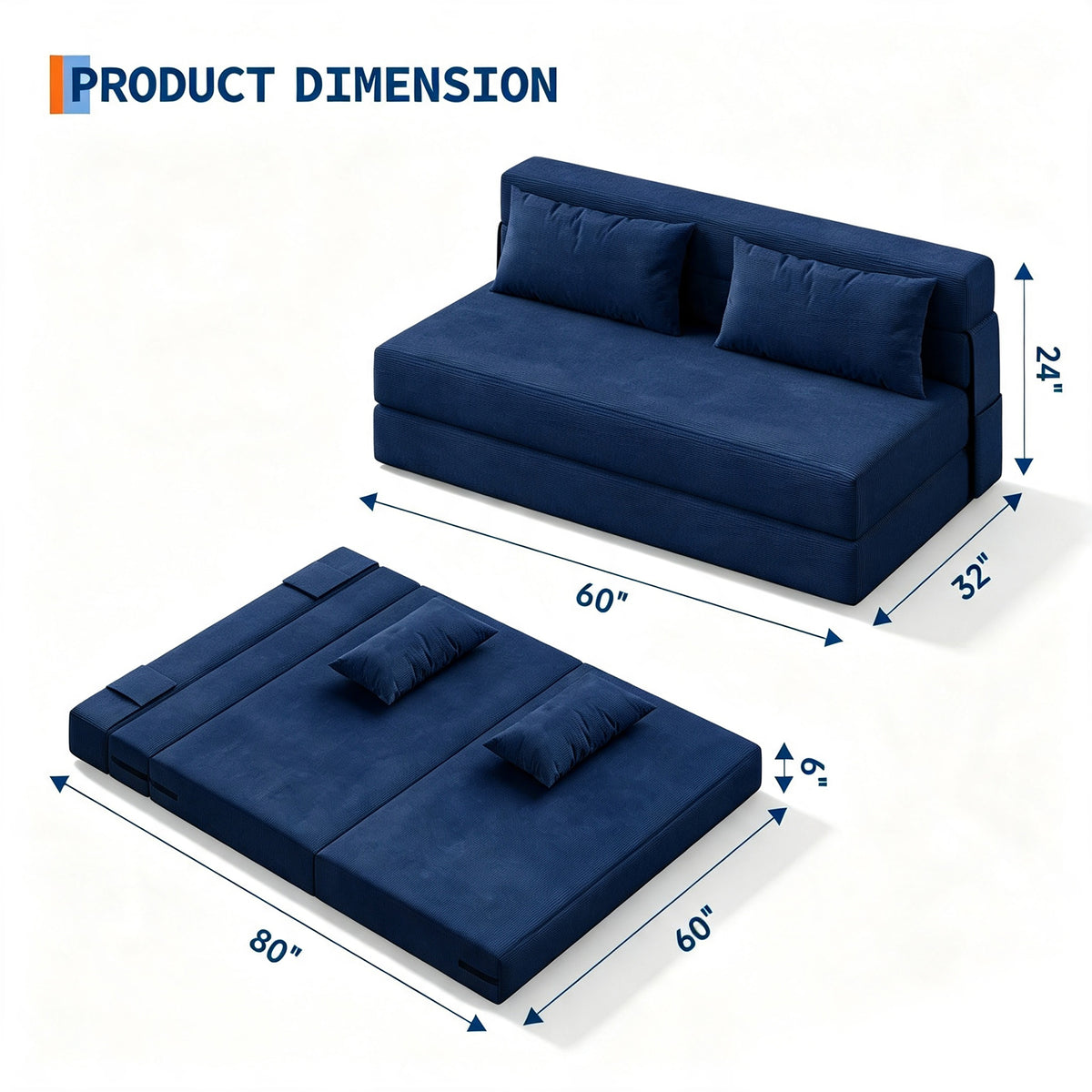 Garvee Sofá Cama Plegable de 4 Posiciones con Respaldo Ajustable y Cojín, Espuma de Alta Densidad, Funda de Pana Desmontable, 80x60x6 Pulgadas, Azul Marino