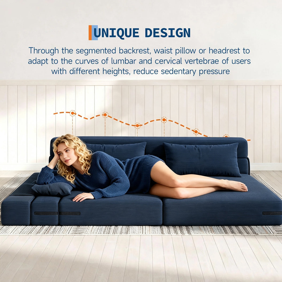 Garvee Sofá Cama Plegable de 4 Posiciones con Respaldo Ajustable y Cojín, Espuma de Alta Densidad, Funda de Pana Desmontable, 80x60x6 Pulgadas, Azul Marino
